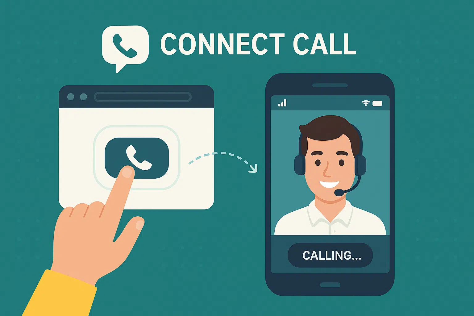 Ilustração de botão clique para ligar em site com atendente virtual sendo chamado no celular