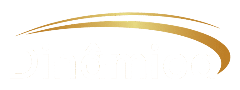 Logo da Dinâmica, empresa de tecnologia e soluções corporativas, em branco com detalhe dourado em formato de arco.