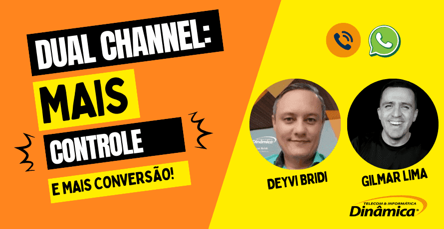 Banner promocional sobre Dual Channel com destaque para os benefícios “mais controle e mais conversão” no atendimento por telefone e WhatsApp.