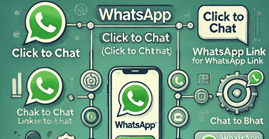 Links Direcionados Para WhatsApp e Imagem ilustrativa com diversos ícones do WhatsApp e balões de texto contendo variações do termo “Click to Chat”. O fundo é verde e os elementos gráficos estão conectados por linhas simulando um circuito.