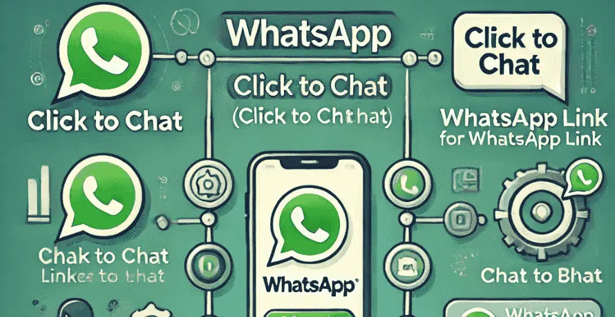 Links Direcionados Para WhatsApp e Imagem ilustrativa com diversos ícones do WhatsApp e balões de texto contendo variações do termo “Click to Chat”. O fundo é verde e os elementos gráficos estão conectados por linhas simulando um circuito.