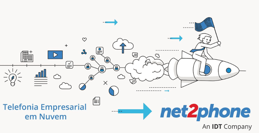 Serviço VoIP - Provedor de Telefonia Digital, com elementos gráficos de tecnologia em nuvem e um personagem pilotando um foguete, simbolizando inovação e velocidade na comunicação empresarial.