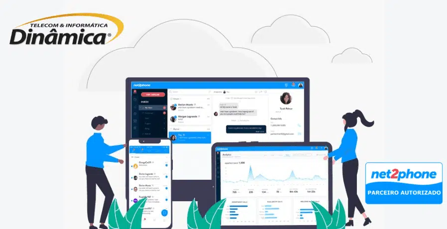 Telefonia PABX Virtual VoIP em Nuvem e Ilustração de plataforma de Telefonia PABX Virtual da Net2phone em diferentes dispositivos, com a marca Dinâmica Telecom e selo de parceiro autorizado.