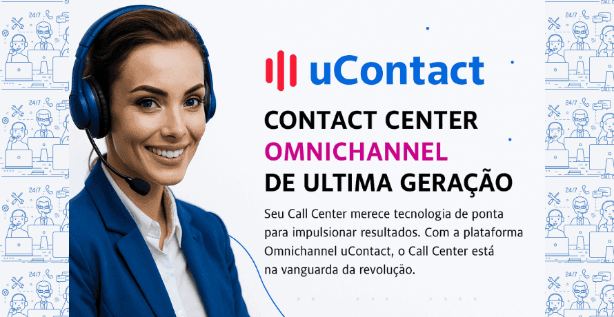 O que é Omnichannel e Mulher com headset ao lado do logotipo da plataforma uContact, representando um contact center omnichannel moderno e tecnológico.