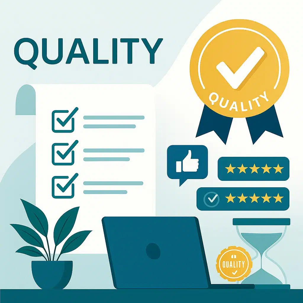 Ilustração com selo de qualidade, avaliações com estrelas, checklist e ícones de aprovação representando excelência em atendimento.