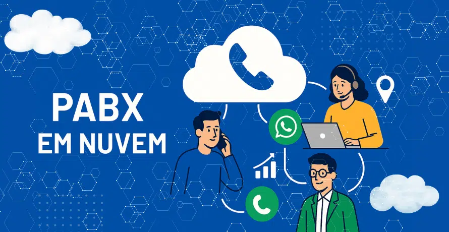 Ilustração de PABX em Nuvem com ícones de telefonia, WhatsApp, equipe de atendimento e comunicação digital.