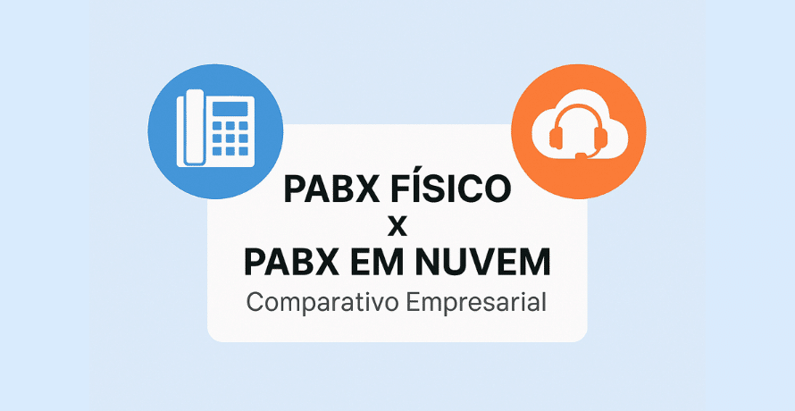 Ilustração comparativa entre PABX Físico e PABX em Nuvem, com ícones de telefone fixo e headset em destaque.