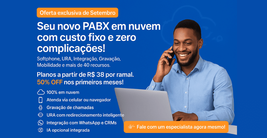 Imagem promocional do plano de PABX em nuvem Net2phone com softphone, integração e IA opcional. Oferta de setembro com 50% de desconto.