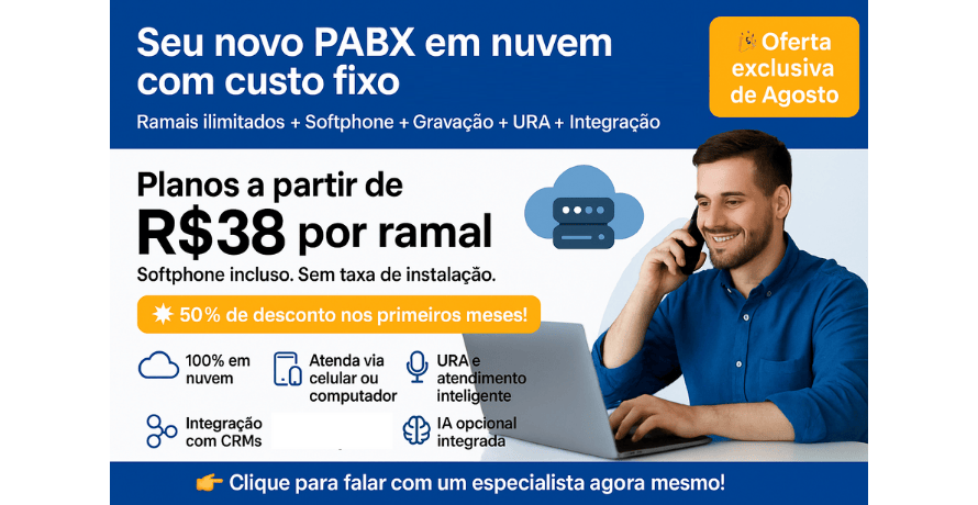 Oferta de PABX em nuvem Net2phone com ramais ilimitados, softphone e integração, plano essencial com 50% de desconto nos primeiros meses.