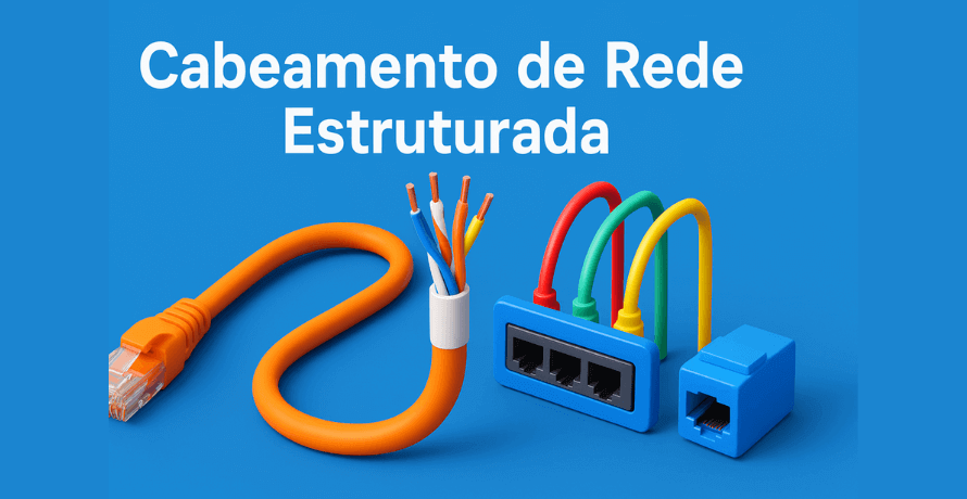 Cabeamento de Rede Estruturada com cabos de rede e conectores representando infraestrutura de TI corporativa.