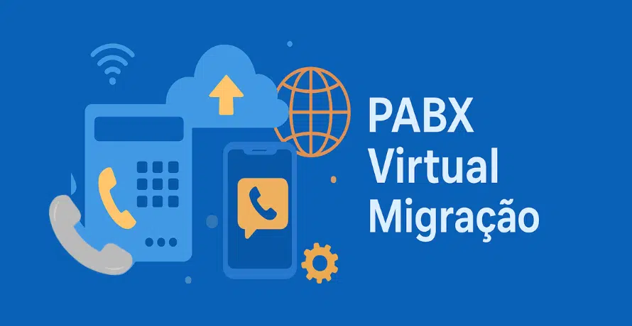PABX Virtual Migração representada por ícones de tecnologia, telefonia em nuvem, smartphone, nuvem e conectividade em fundo azul.