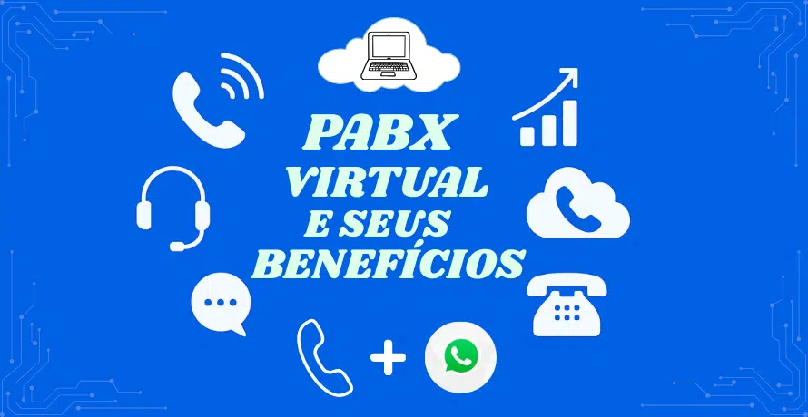 PABX Virtual e Seus Benefícios com ícones de telefone, headset, nuvem, gráfico de crescimento e mensagem.