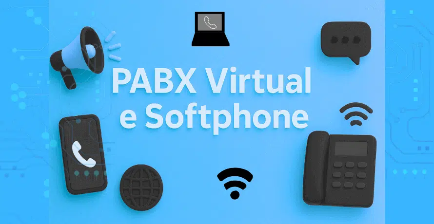 PABX Virtual e Softphone – capa ilustrada com elementos de telecomunicação e comunicação digital centralizados.