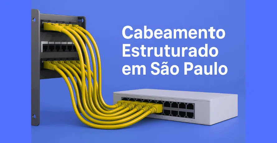 Cabeamento Estruturado em São Paulo com design 3D moderno representando redes corporativas e tecnologia de infraestrutura.
