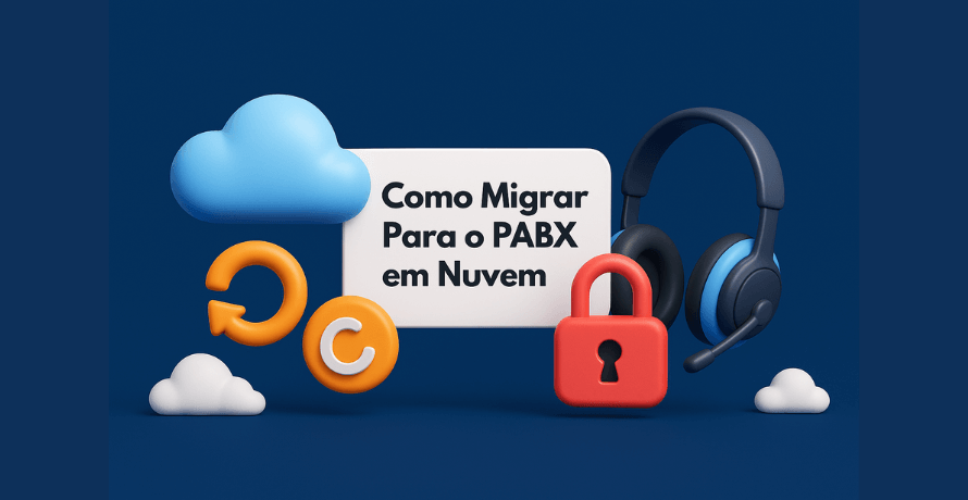 Como migrar para o PABX em Nuvem com segurança e praticidade, representado por ícones de nuvem, cadeado e headset sobre fundo azul.