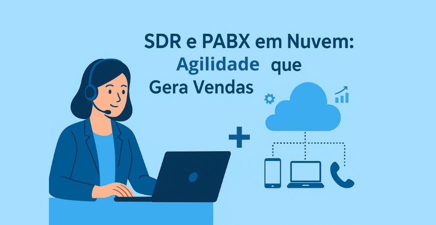 SDR e PABX em Nuvem ilustrados em um banner com atendente usando headset e elementos visuais que representam produtividade e comunicação integrada.