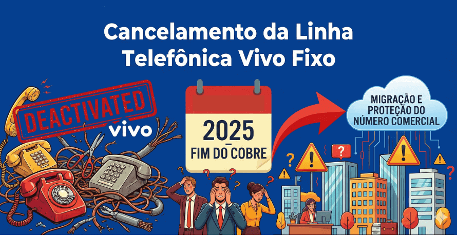 Cancelamento da Linha Telefônica Vivo Fixo: ilustração com telefones antigos, calendário do fim do cobre em 2025 e migração para nuvem.