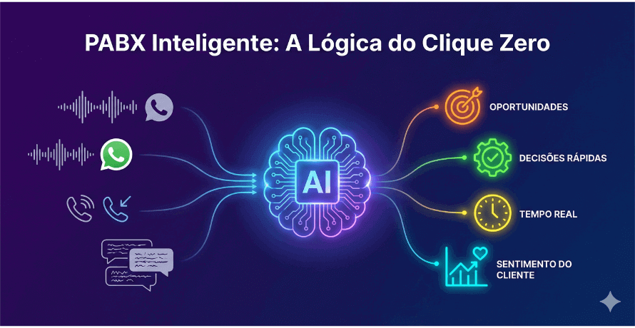 PABX Inteligente integrando IA com chamadas, WhatsApp e mensagens para gerar oportunidades e decisões rápidas em tempo real.