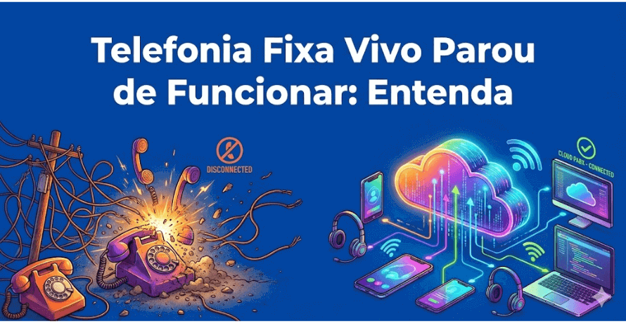 Telefonia Fixa Vivo Parou de Funcionar com ilustração do desligamento da telefonia fixa tradicional e a migração para PABX em Nuvem.