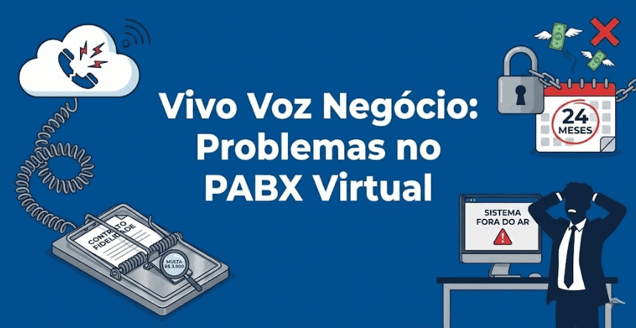 Vivo Voz Negócio problemas no PABX Virtual, mostrando contrato, multa e sistema fora do ar.