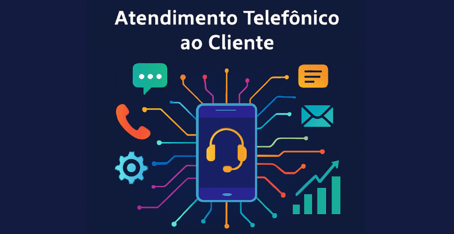 Atendimento Telefônico ao Cliente com smartphone central, headset e conexões digitais coloridas representando comunicação empresarial moderna.