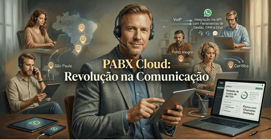 PABX Cloud ilustrando equipe conectada em diferentes cidades do Brasil, com integração via VoIP, CRM e dispositivos móveis.