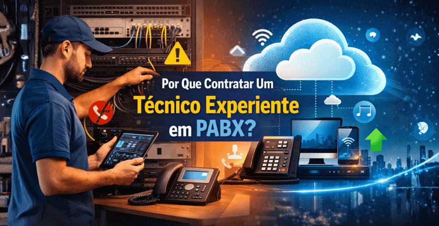 Técnico experiente em PABX realizando análise técnica e integração com telefonia em nuvem em ambiente empresarial.