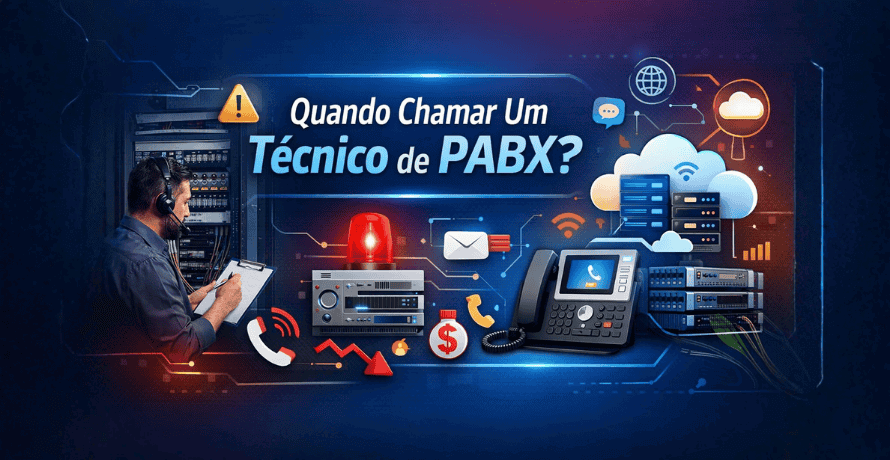 Quando Chamar Um Técnico de PABX? Técnico analisando central telefônica com alerta de falhas e solução em nuvem.