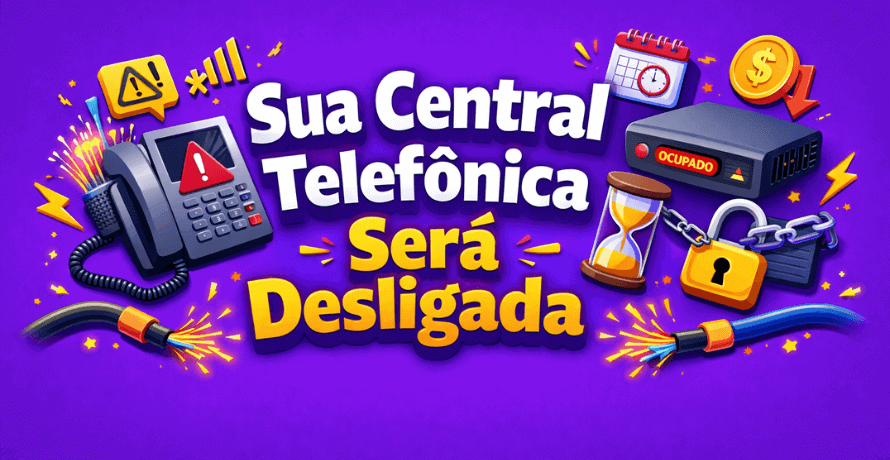 Central telefônica será desligada: destaque visual com telefone, ATA e elementos coloridos mostrando alerta sobre desligamento da telefonia fixa.
