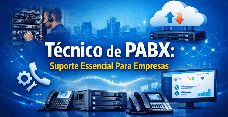 Técnico de PABX realizando suporte técnico em central telefônica com integração em nuvem e VoIP para empresas.