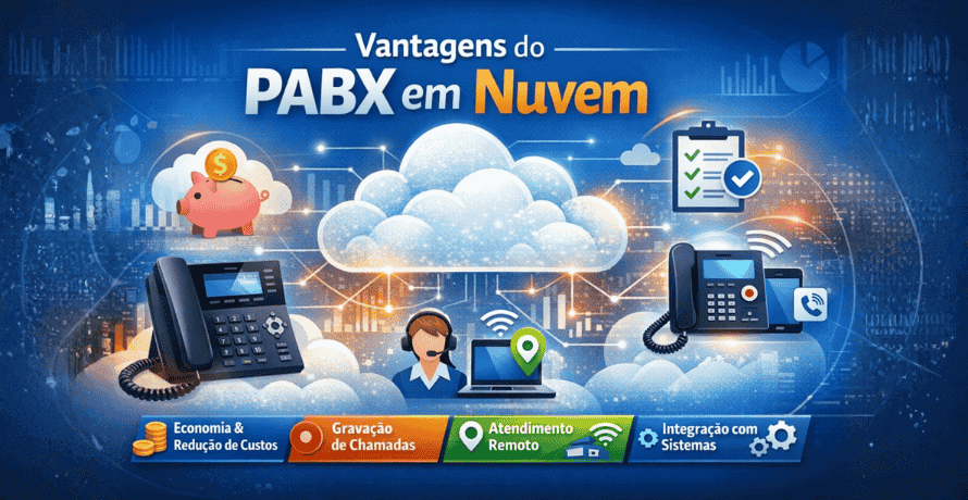 Vantagens do PABX em Nuvem com destaque para economia, gravação de chamadas, atendimento remoto e integração com sistemas.