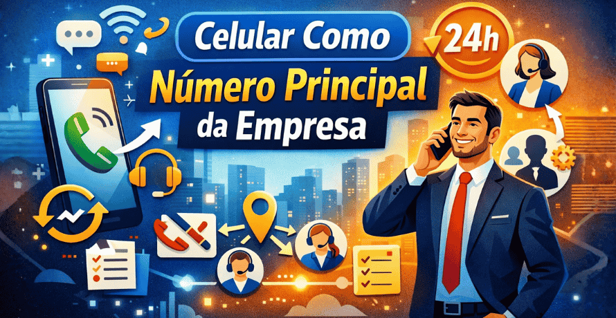 Celular como número principal da empresa representado por smartphone conectado ao atendimento empresarial, com equipe e ícones de comunicação digital.