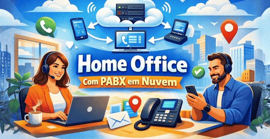 Home office com PABX em nuvem mostrando atendimento remoto profissional com uso de celular, notebook e telefonia em nuvem.
