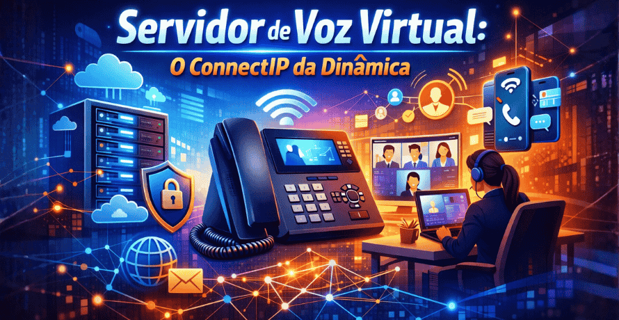 Servidor de Voz Virtual ConnectIP da Dinâmica representando comunicação empresarial com telefonia IP, ramais VoIP e tecnologia de atendimento moderno.