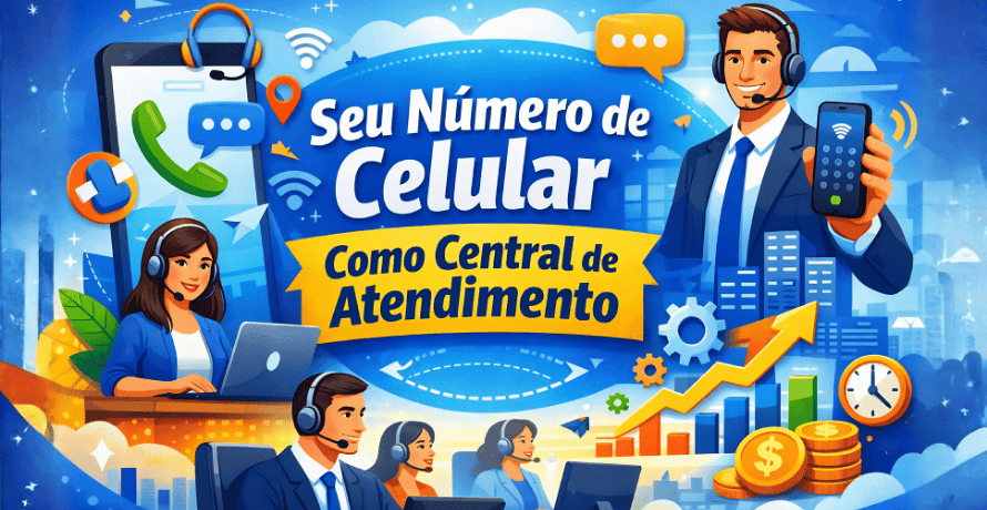 Número de celular como central de atendimento ilustrado com equipe atendendo clientes e smartphone com sistema organizado.