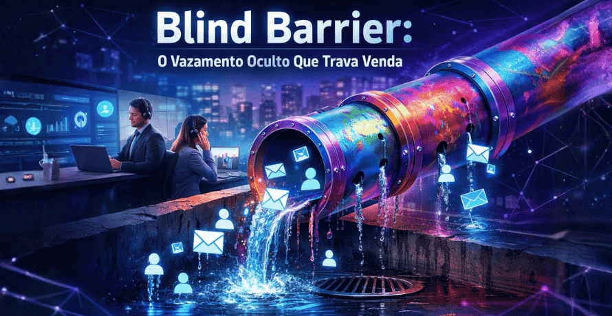 Blind Barrier ilustrando perda de leads em um funil com vazamento em estrutura de comunicação.