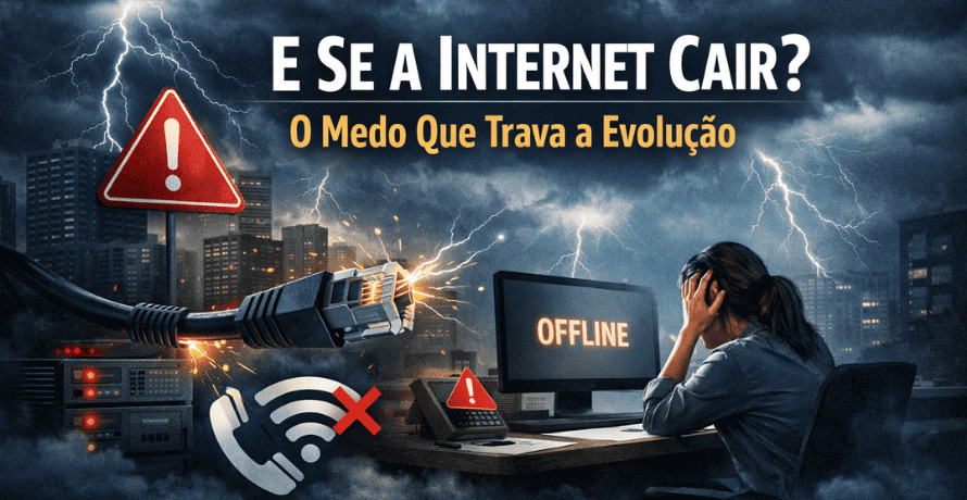 E se a internet cair? imagem ilustrando falha de conexão com cabo rompido, computador offline e impacto no atendimento empresarial.