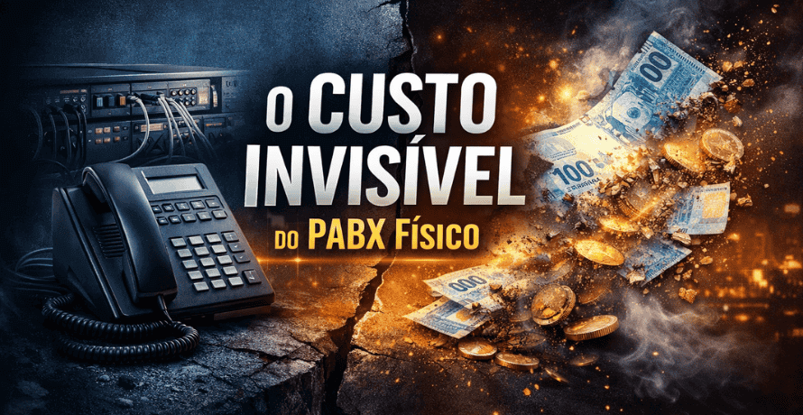 Custo invisível do PABX físico representado por telefone antigo e dinheiro se desfazendo, simbolizando perdas financeiras ocultas.