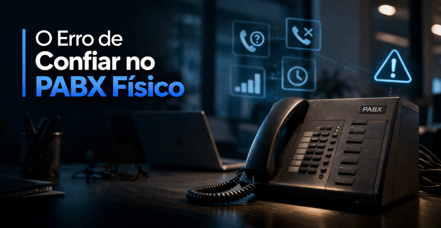 Erro de confiar no PABX físico mostrando telefone empresarial antigo sem controle de chamadas em ambiente corporativo.