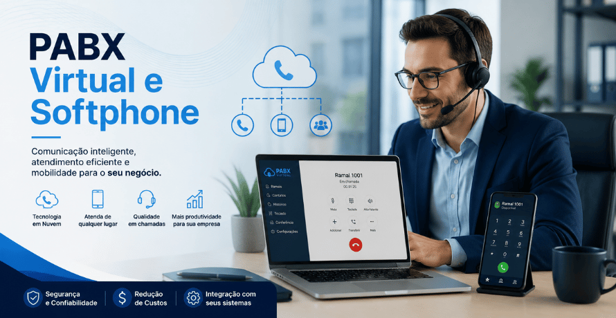PABX Virtual e Softphone em ambiente corporativo moderno com atendimento profissional em nuvem.