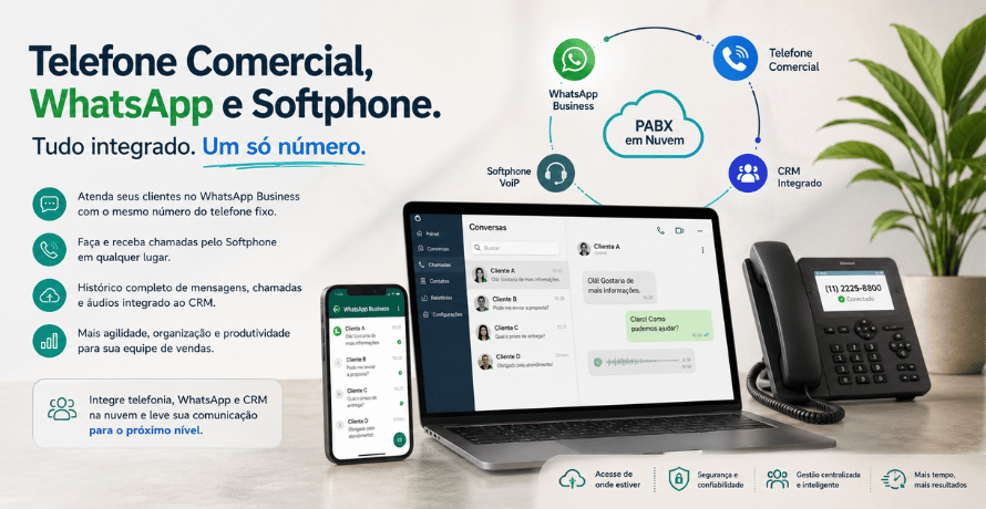 Telefone Comercial WhatsApp e Softphone integrados em sistema de comunicação empresarial na nuvem.