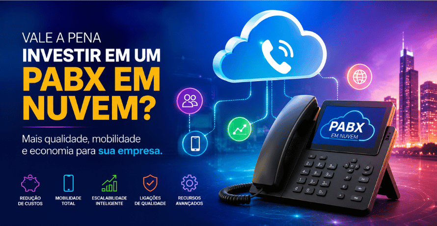 Vale a Pena Investir em um PABX em Nuvem? Ilustração moderna com telefone IP, nuvem digital e elementos tecnológicos representando mobilidade e economia empresarial.