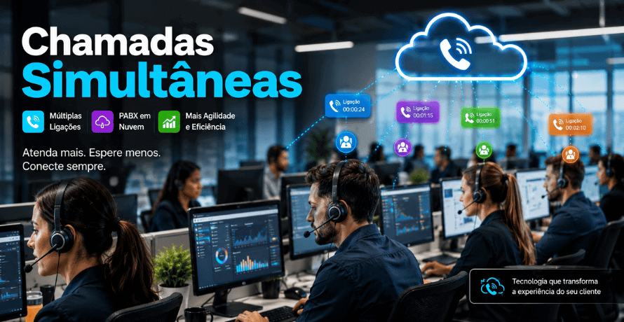 Chamadas simultâneas em central de atendimento empresarial com equipe utilizando headset e sistema em nuvem.