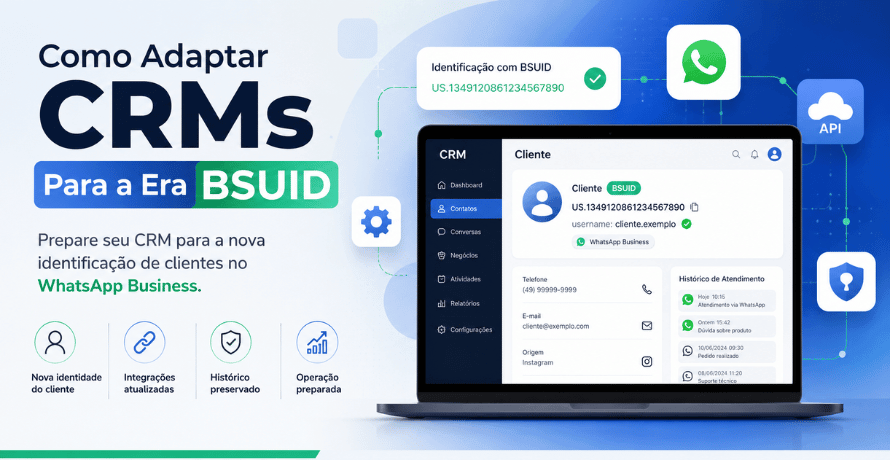 Como adaptar CRM para era BSUID: ilustração de um sistema CRM moderno integrado ao WhatsApp Business, destacando a migração da identificação de clientes para o BSUID.