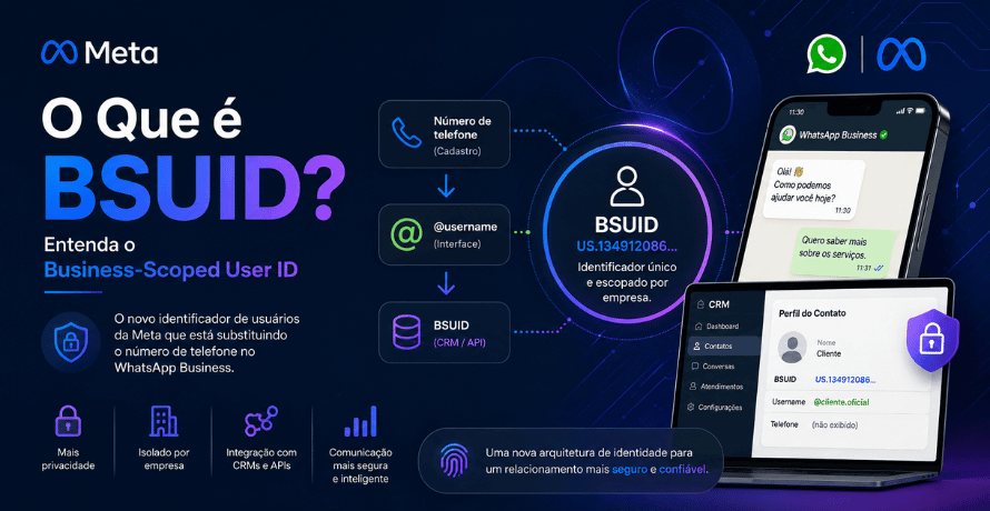 BSUID ilustrando a nova identidade do WhatsApp Business integrada a CRM, APIs e comunicação empresarial da Meta.