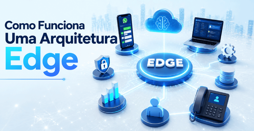 Arquitetura Edge conectando IA, WhatsApp, laptop, segurança, banco de dados e telefonia em uma rede empresarial.