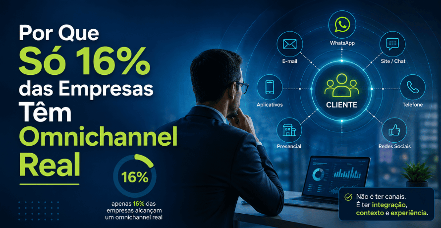 Omnichannel real representado por um gestor analisando a integração entre canais de atendimento e CRM em um ambiente corporativo moderno.