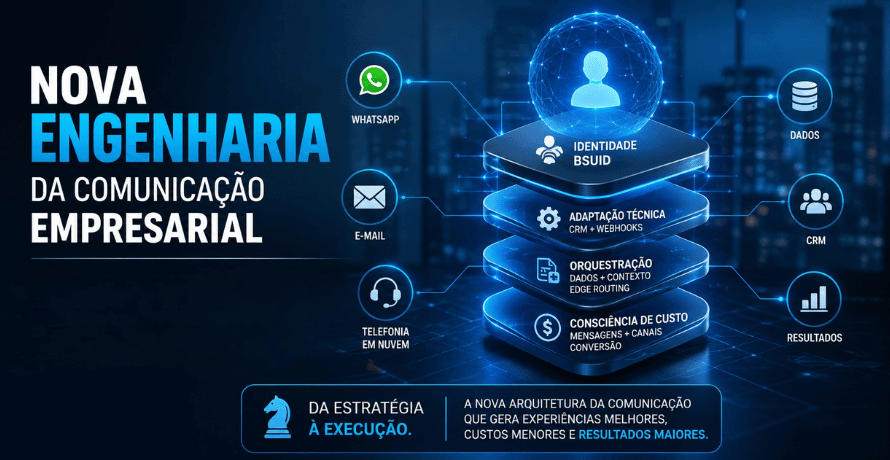 Nova engenharia da comunicação empresarial com integração entre BSUID, CRM, WhatsApp, dados, telefonia e roteamento.
